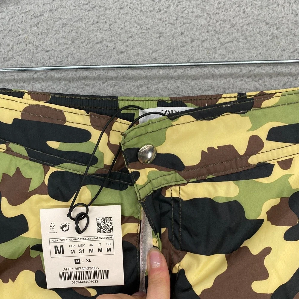 Zara Swim Trunks Mens Medium Camo Green Black Pockets‎ Swim Beach Lightweight